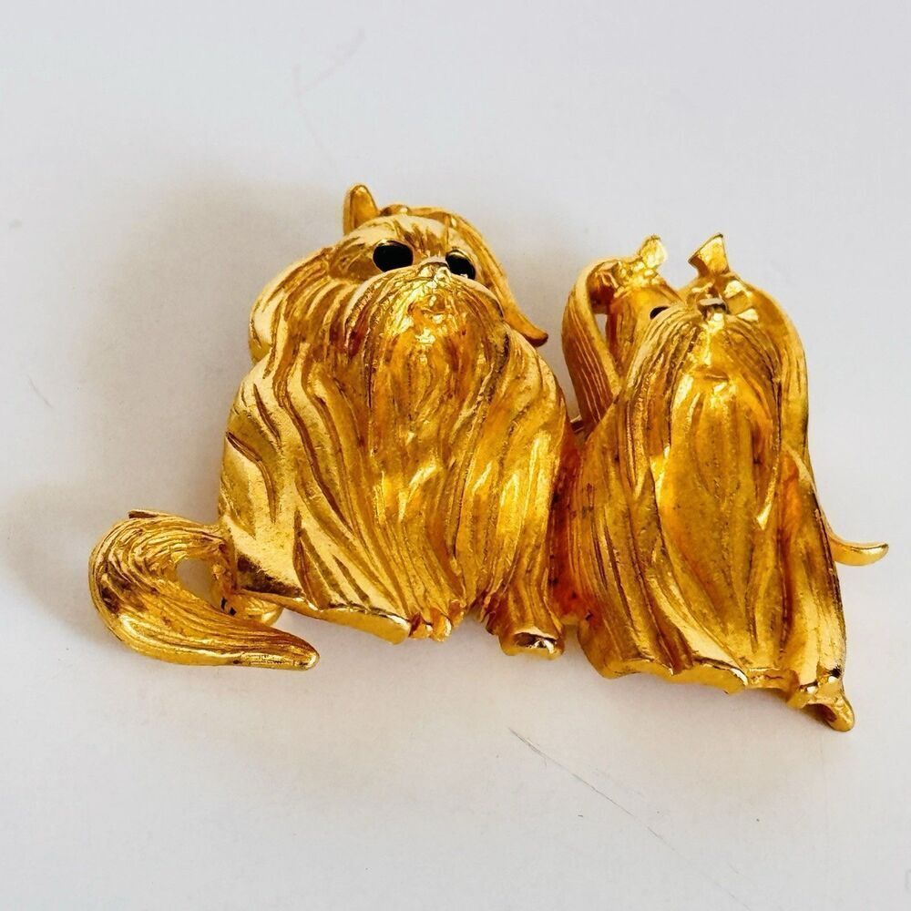 Vintage Bob Mackie gold tone double dog Lhasa Apso Brooch Two Puppies Dogs - Picture 3 of 10